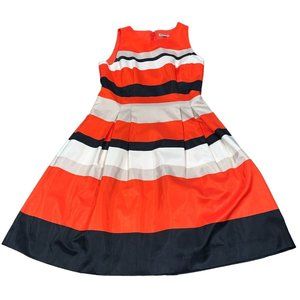 Eliza J Women's Sz 4 Red Tan White Black Striped A-Line Sleeveless Dress Pleated